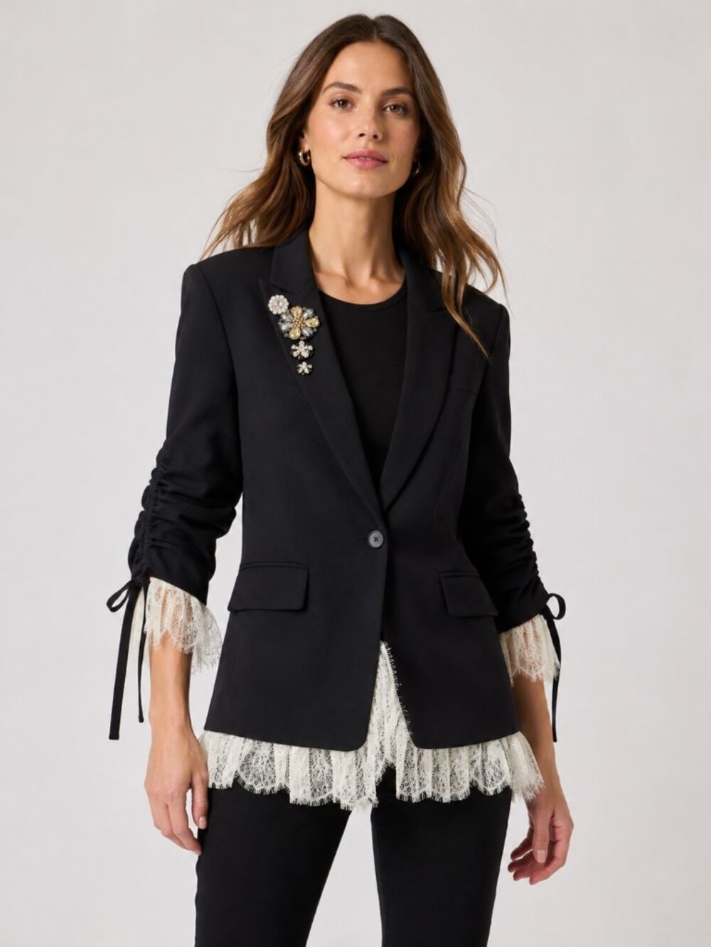 NWT Cinq à Sept Roxie Blazer Black Ivory Lace Crystal Brooch Size 4 - Picture 7 of 7